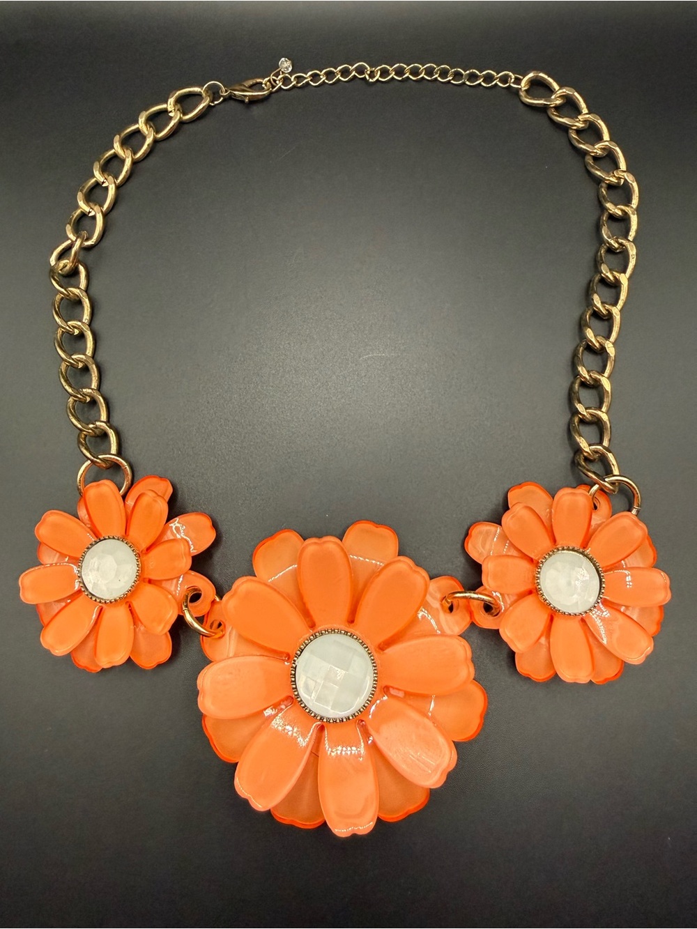 Retro Orange Plastic Floral Statement Necklace with Gold Tone Chain